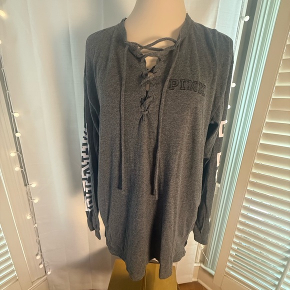 Victoria’s Secret PINK Gray Lace-Up Long Sleeve Tee – Women’s Large - Picture 1 of 7